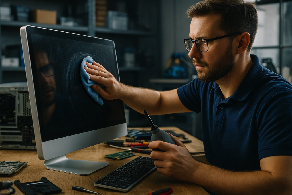Technician cleaning a computer monitor, demonstrating computer repair services in Griffith for hacked devices.