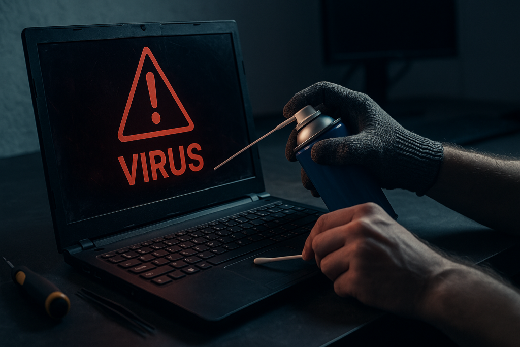 Person in gloves using cleaning spray on laptop displaying "VIRUS" warning, representing computer virus cleaning services in Griffith.