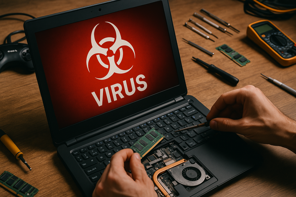 Computer virus warning on laptop screen with technician repairing hardware, surrounded by tools for computer virus cleaning and maintenance.