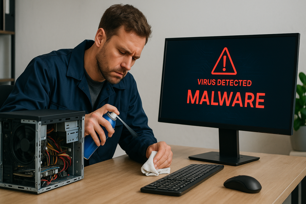 Man cleaning a computer while viewing a monitor displaying a "Virus Detected" malware alert, representing computer virus cleaning services offered by Bizup in Stirling North.