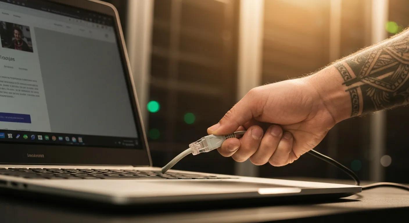 Hand disconnecting Ethernet cable from laptop, illustrating immediate action to stop network access during a cyber incident, relevant to hacked computer repair guidance.