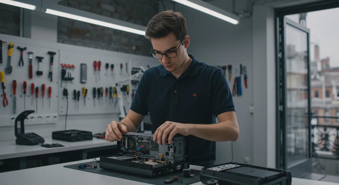 Technician repairing a gaming console in a workshop, surrounded by tools, illustrating expert gaming console repair services in Broken Hill.