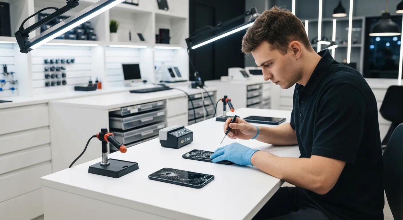 Technician repairing cracked smartphone screen in modern phone repair shop, showcasing tools and equipment for reliable phone repairs in Stirling North.