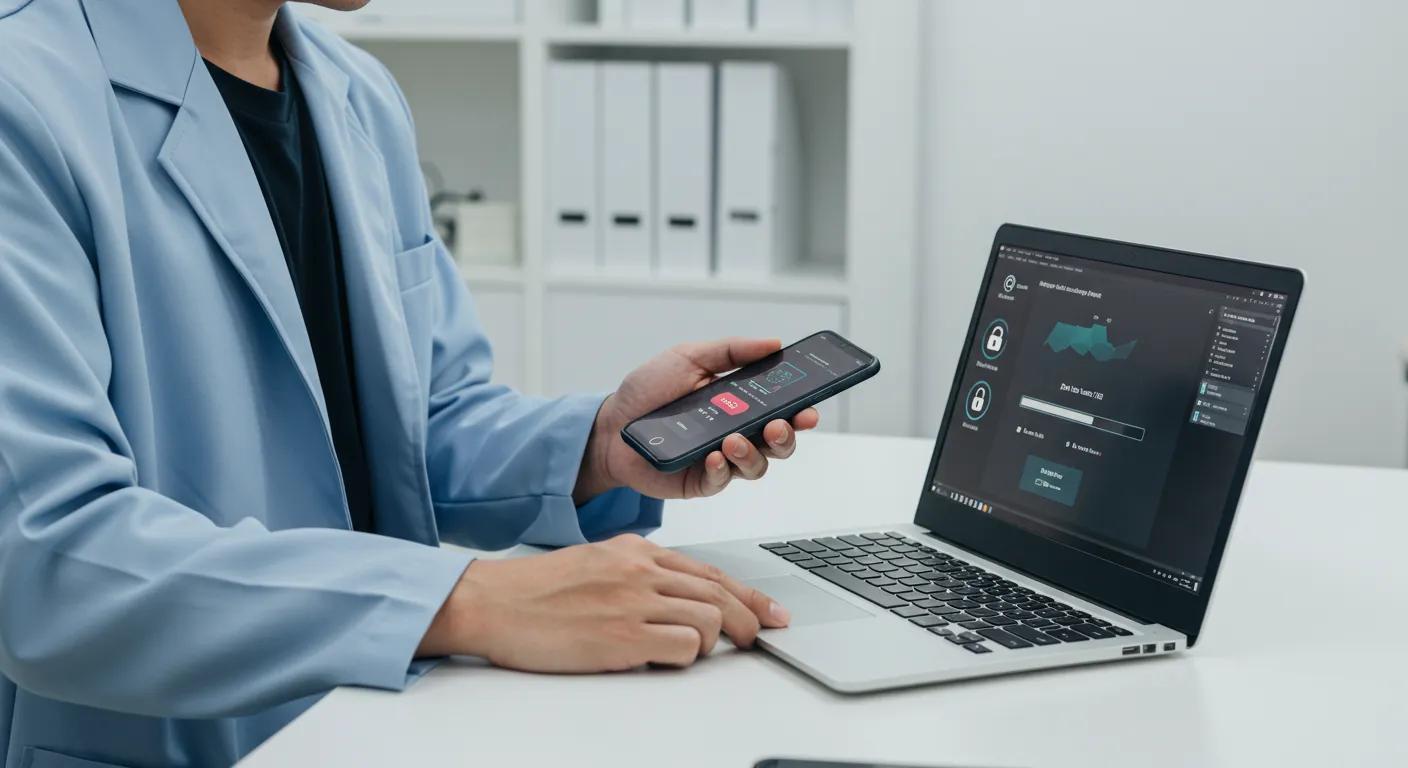 Technician in a blue lab coat holding smartphone displaying security app, with laptop showing diagnostic software, illustrating mobile virus repair and device optimisation services.