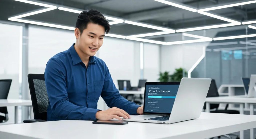 Man working on a laptop in a modern office setting, focusing on virus and malware removal services related to computer repair.
