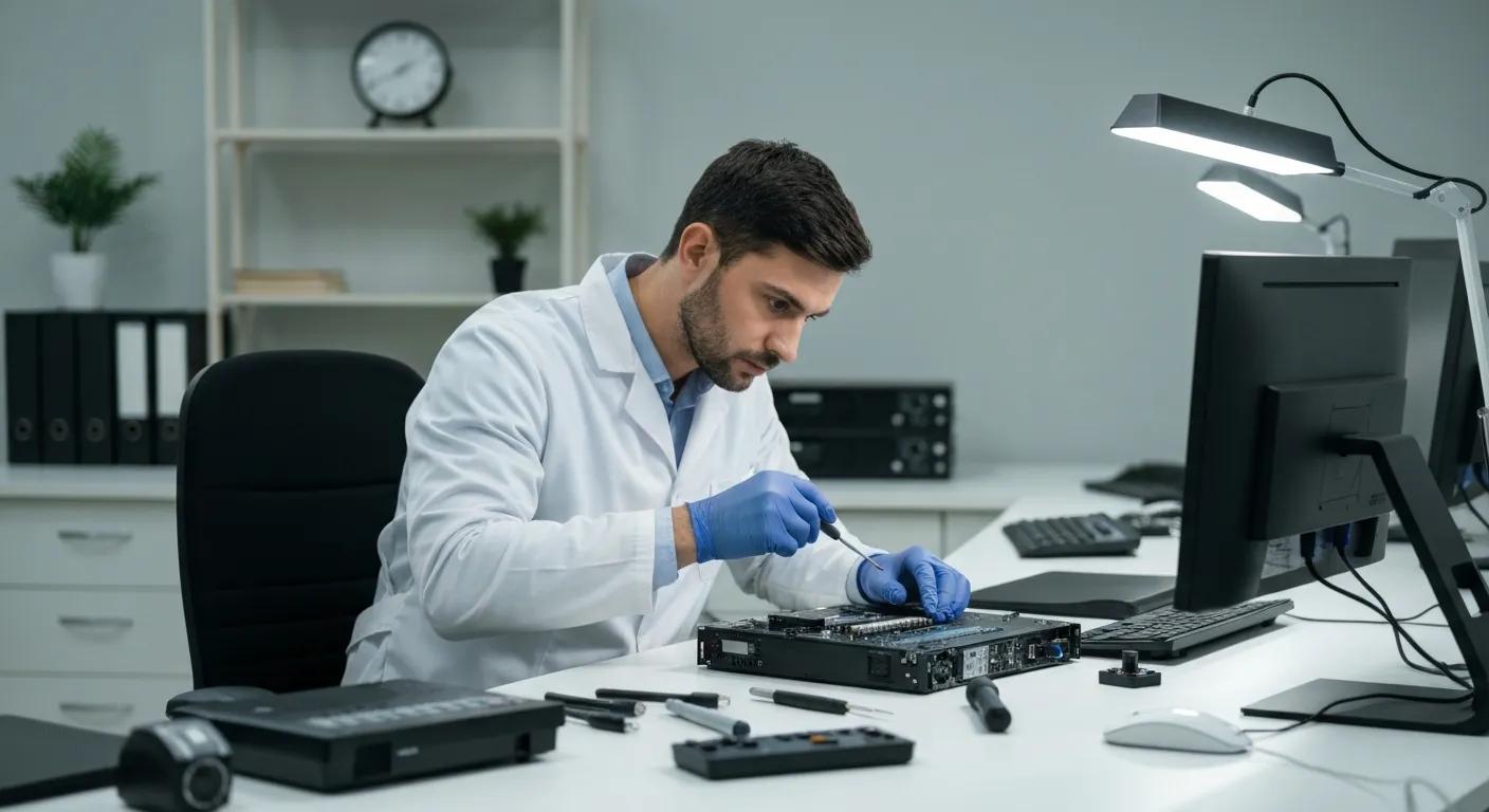 Technician in white lab coat repairing computer hardware on desk with tools, illustrating virus cleaning service in Murray Bridge.