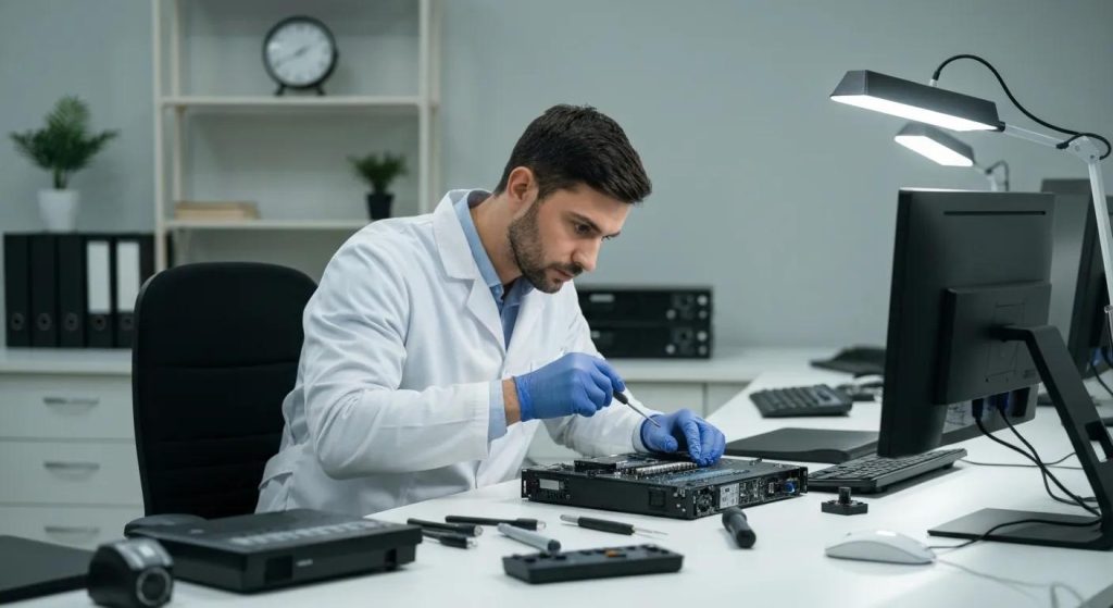 Technician in white lab coat repairing a computer in a modern tech repair shop, emphasizing expert computer repair services in Murray Bridge.