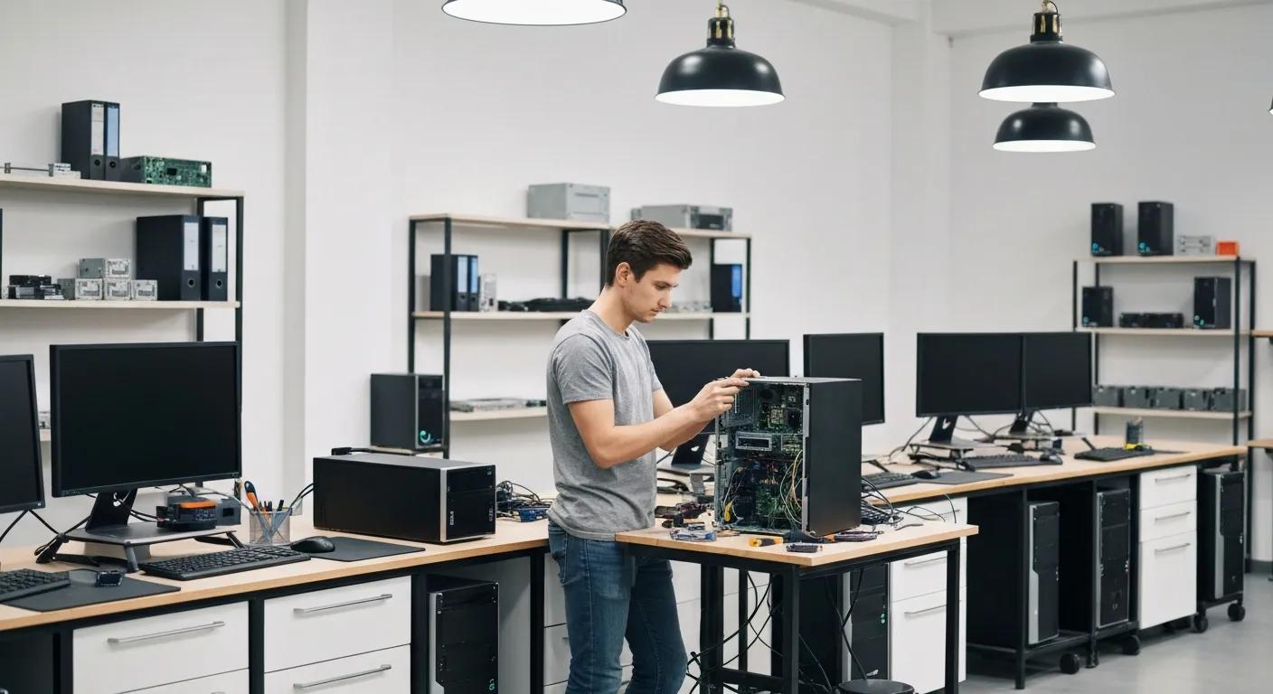 Technician repairing a computer in a tech repair shop, surrounded by monitors and computer components, illustrating expert hacked computer repair services in Murray Bridge.