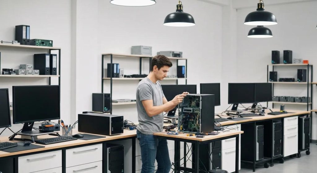 Technician repairing a computer in a tech repair shop, surrounded by monitors and computer parts, illustrating expert computer repair services in Murray Bridge.
