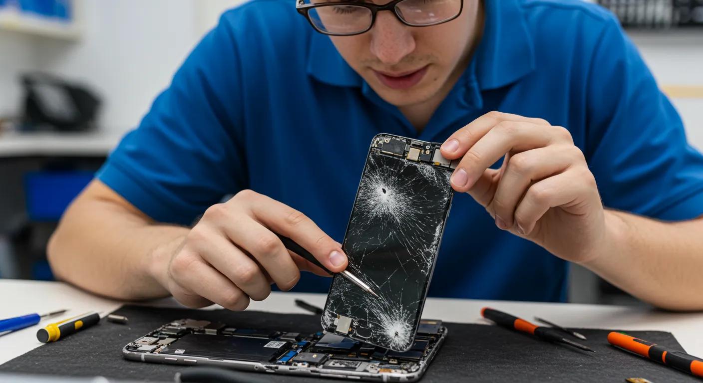 Technician repairing a smartphone screen with visible cracks, surrounded by tools on a workbench, illustrating phone repair services at Bizup.