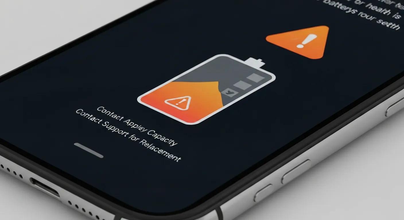 iPhone screen displaying low battery warning and prompts for battery capacity check and replacement support.