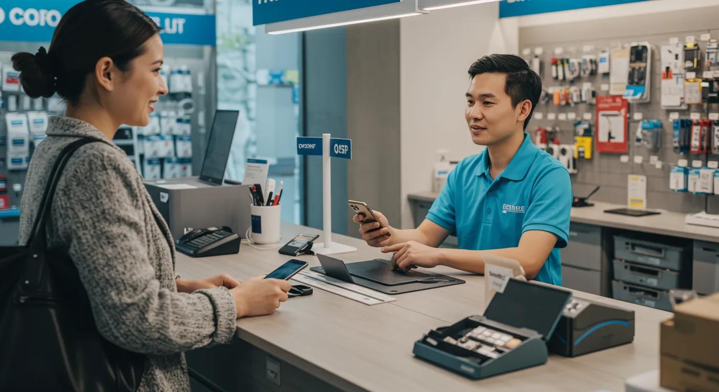 Customer interacting with a phone repair technician at a service counter, discussing repair options for mobile devices, with various phone accessories displayed in the background.