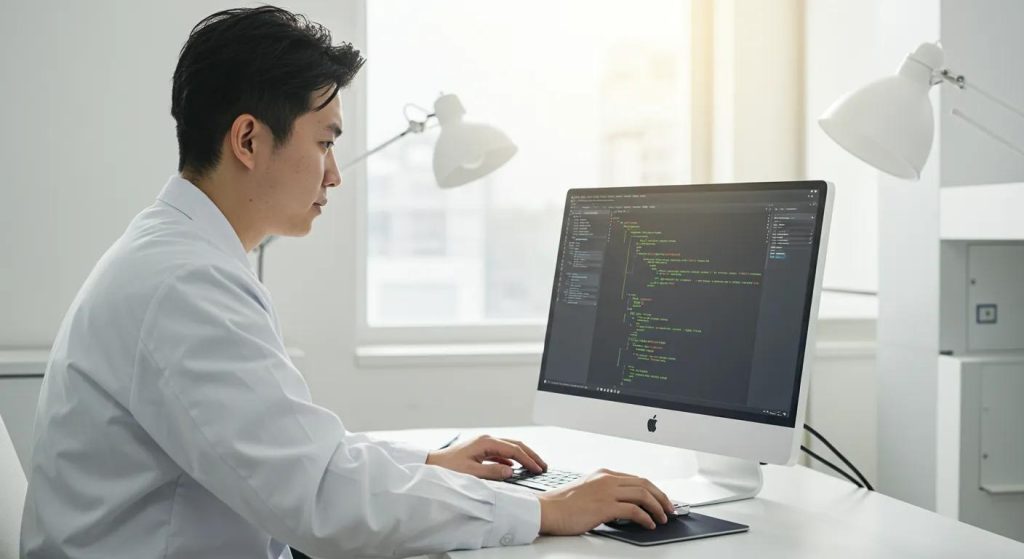 Person in a white coat working on a computer displaying coding text, illustrating expert computer repair and virus removal services in a modern office setting.