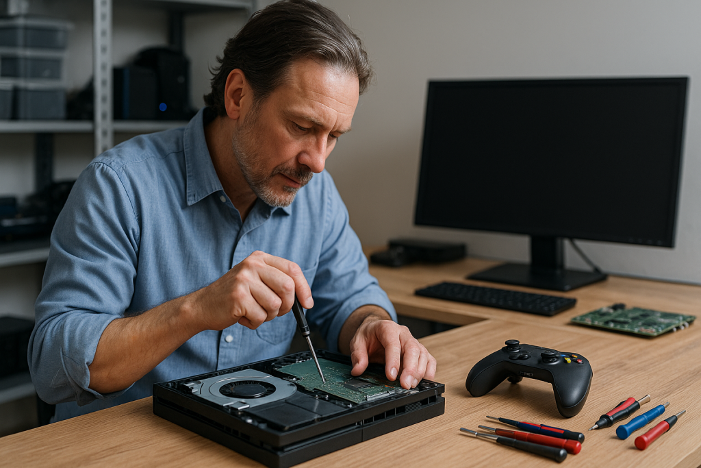 Man repairing a gaming console with tools on a workbench, showcasing expert repair services for PlayStation, Xbox, and Nintendo in Griffith.