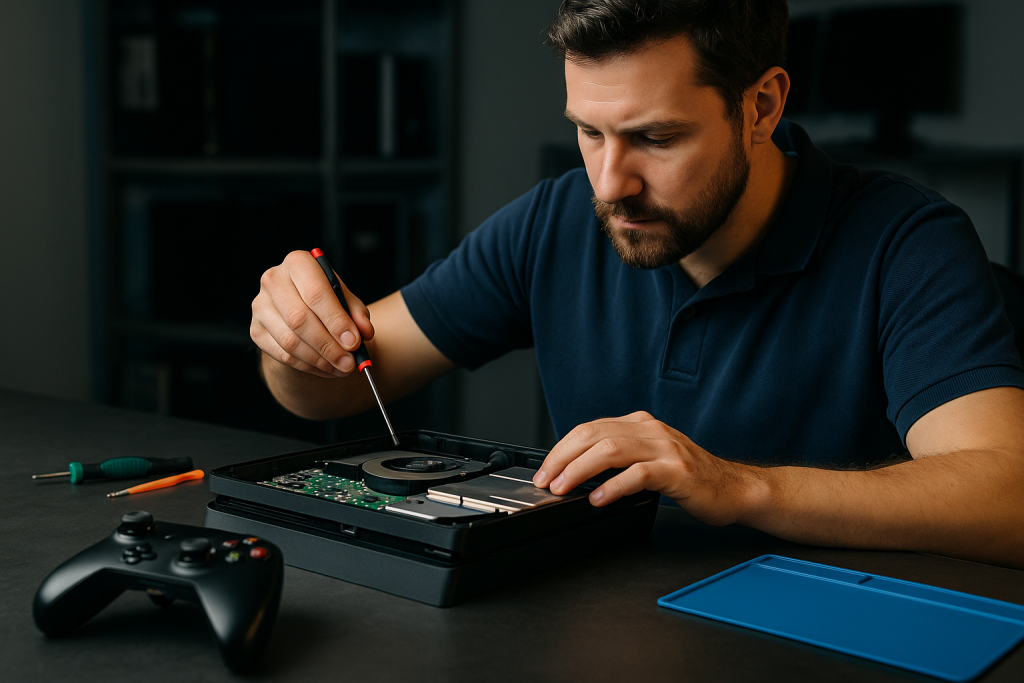 Technician repairing a gaming console with tools and components on a workbench, highlighting expert gaming console repairs in Stirling North by Bizup.