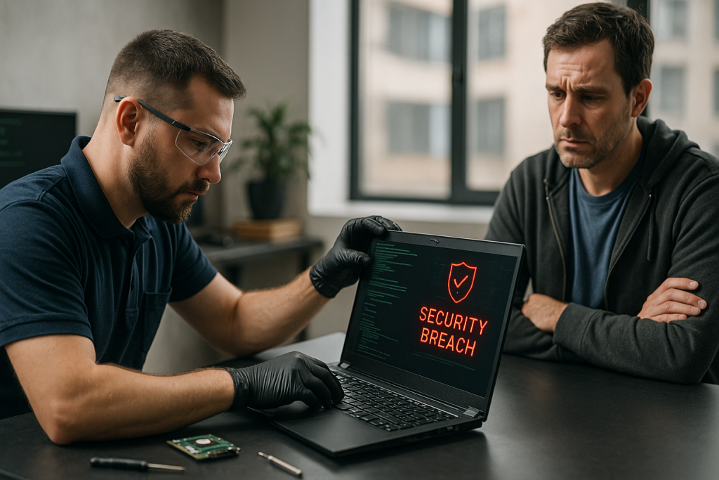 Technician examining laptop with "SECURITY BREACH" alert, assisting concerned client in hacked computer repair context.
