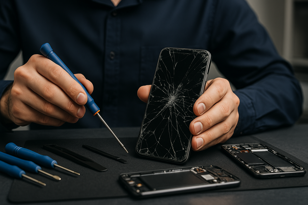 Technician holding a cracked smartphone with repair tools on a table, illustrating phone repair services in Griffith by Bizup.