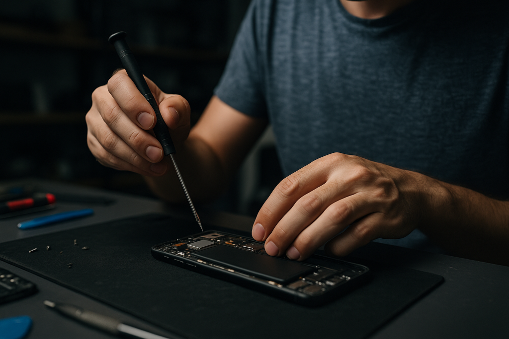 Technician repairing smartphone with screwdriver on workbench, highlighting professional phone repair services in Port Augusta West by Bizup.