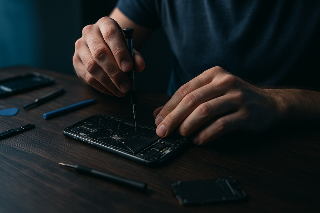 Technician repairing a smartphone with a cracked screen, surrounded by tools and phone parts, illustrating expert phone repair services in Stirling North by Bizup.