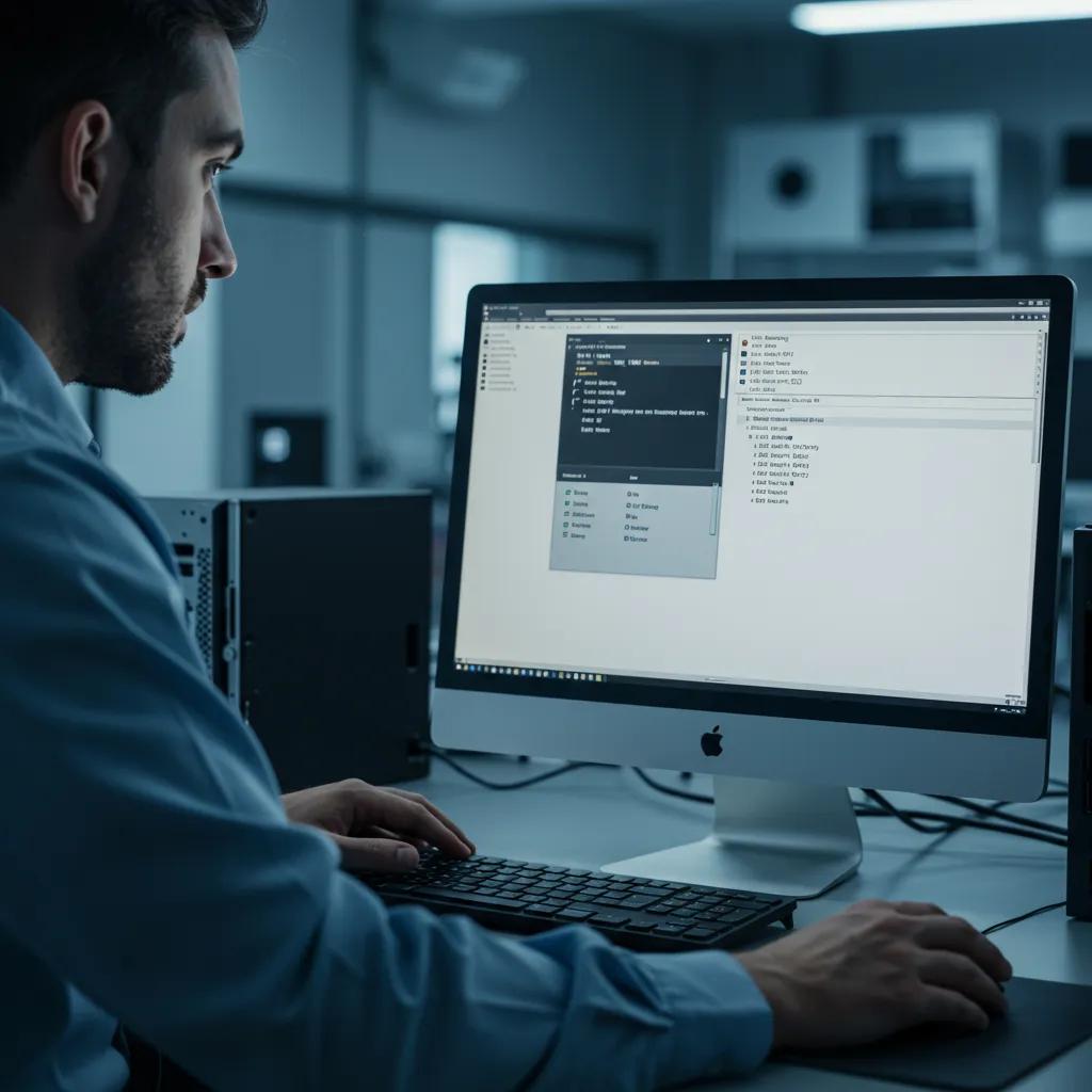 Technician analyzing data recovery software on a computer screen in a repair shop, focusing on system diagnostics and recovery options.