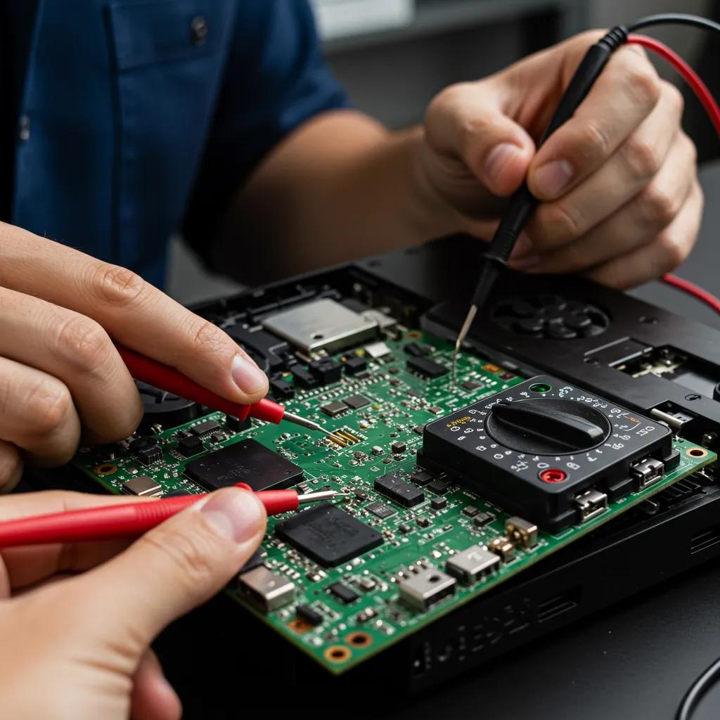 Technician diagnosing a gaming console motherboard with multimeter and probes, showcasing local expertise in console repairs and methodical troubleshooting for gamers in Murray Bridge.