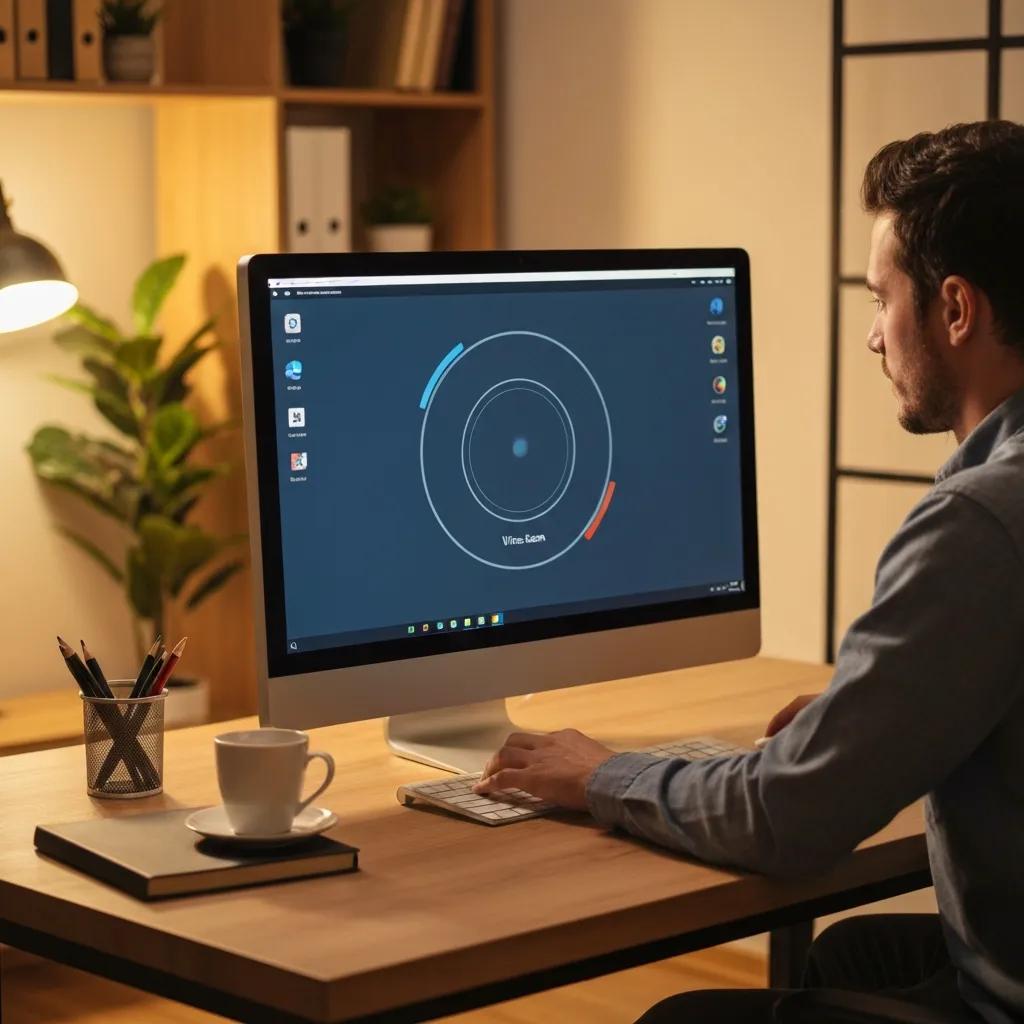 Technician performing a virus scan on a computer in a cozy home office, highlighting virus protection and device safety.