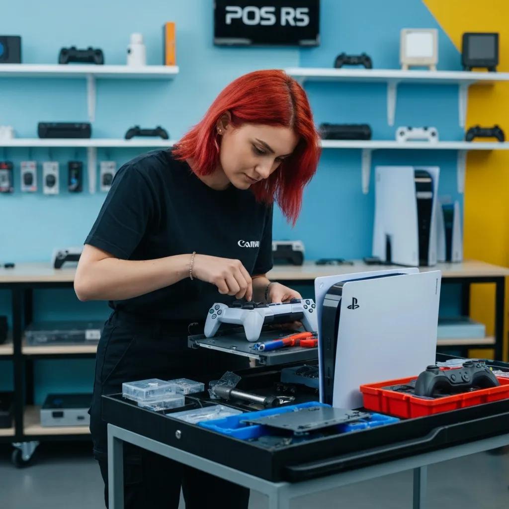 Technician repairing a gaming console in a modern workshop, focusing on expert gaming console repair services for PlayStation, Xbox, and Nintendo Switch in Broken Hill.