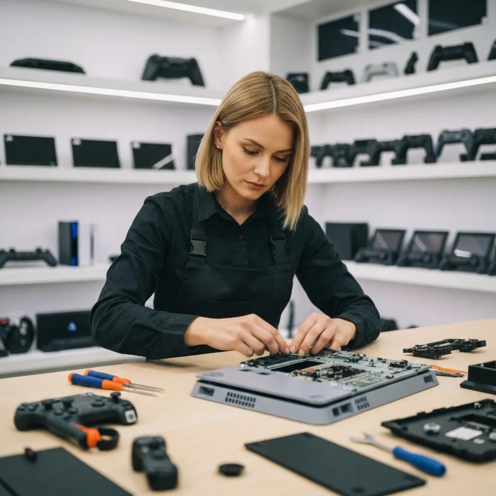 Technician repairing a gaming console in a modern workshop, showcasing expert service and local repair focus at Bizup Murray Bridge.