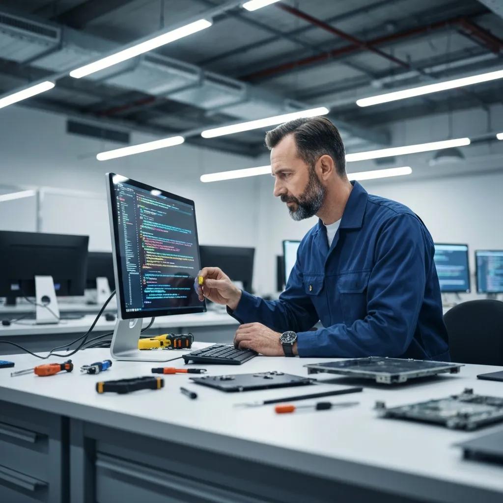 Technician working on a computer in a modern repair shop, analysing code and surrounded by tools, illustrating expert repair and virus removal services for hacked computers in Silverton.