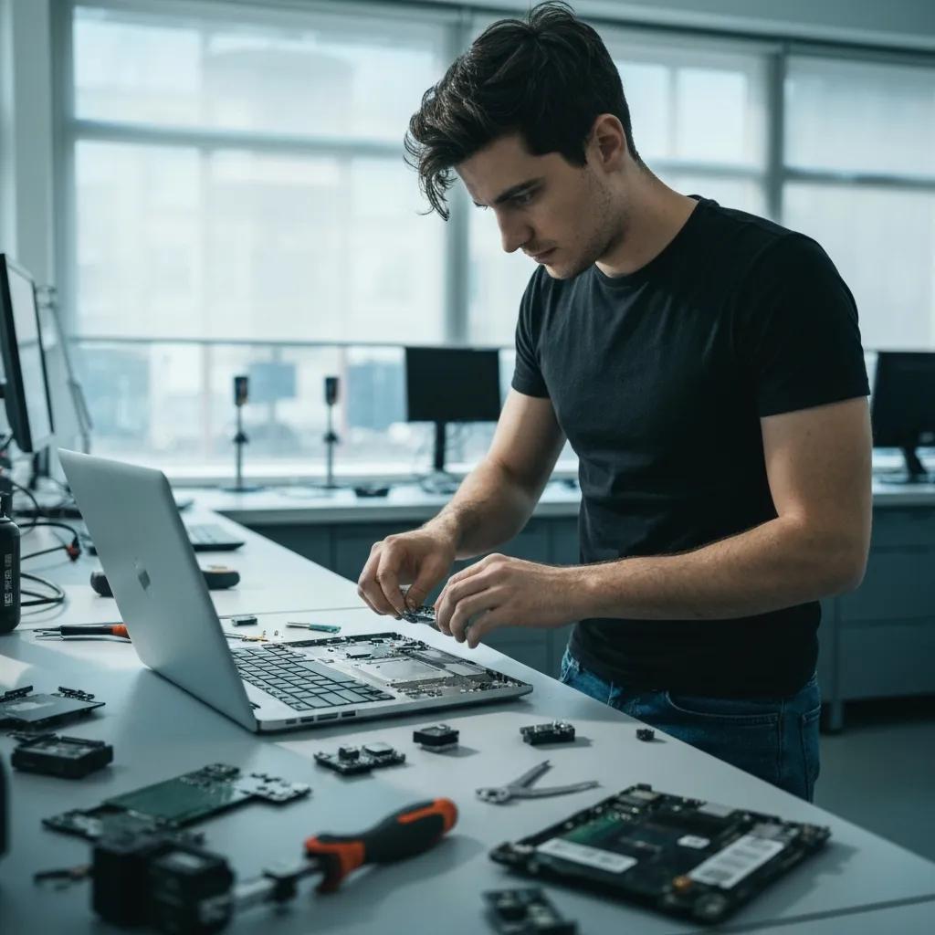 Technician repairing a hacked computer in a modern repair shop, focusing on urgency and professionalism, surrounded by computer parts and tools.