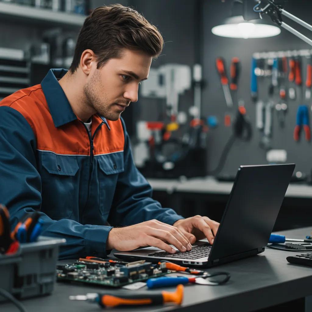 Technician repairing a laptop in a modern computer repair shop, surrounded by tools and electronic components, emphasizing expert computer repair services.