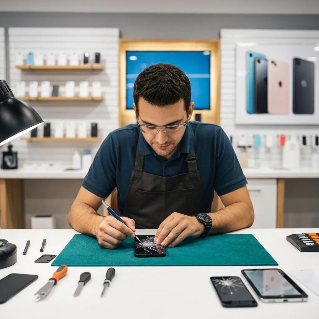 Technician repairing a cracked smartphone screen in a modern repair shop, highlighting quick and affordable phone repairs in Murray Bridge.