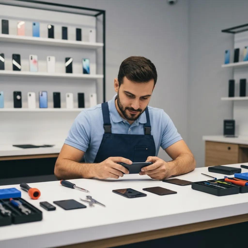 Technician repairing a smartphone in a modern repair shop, showcasing reliable phone repair services in Murray Bridge.