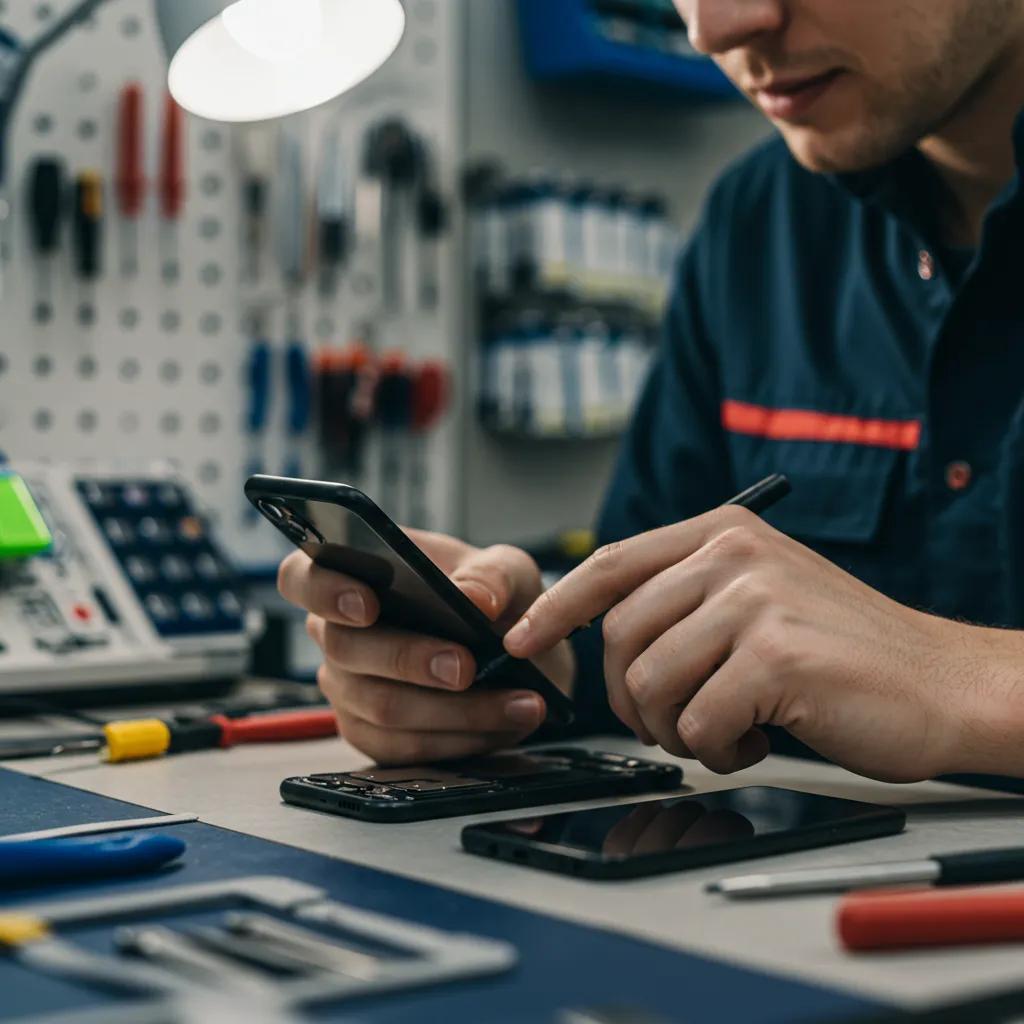 Technician repairing smartphone in modern repair shop, demonstrating expertise in mobile virus removal and device diagnostics.