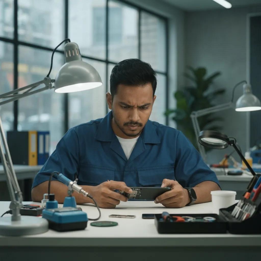 Technician examining smartphone in professional mobile repair shop, focused on diagnosing device issues related to malware and viruses.