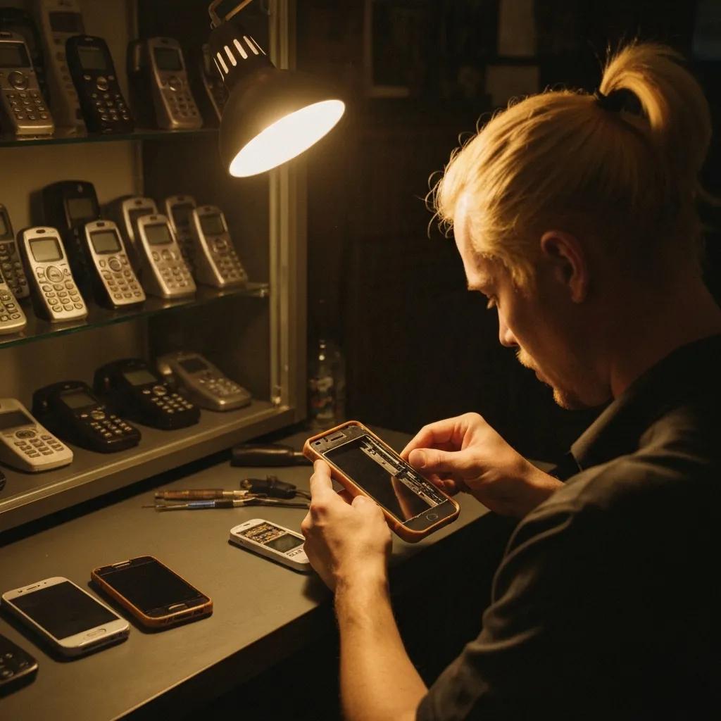 Technician repairing a smartphone in a professional repair shop, surrounded by various devices, highlighting fast phone virus repair services in Murray Bridge.