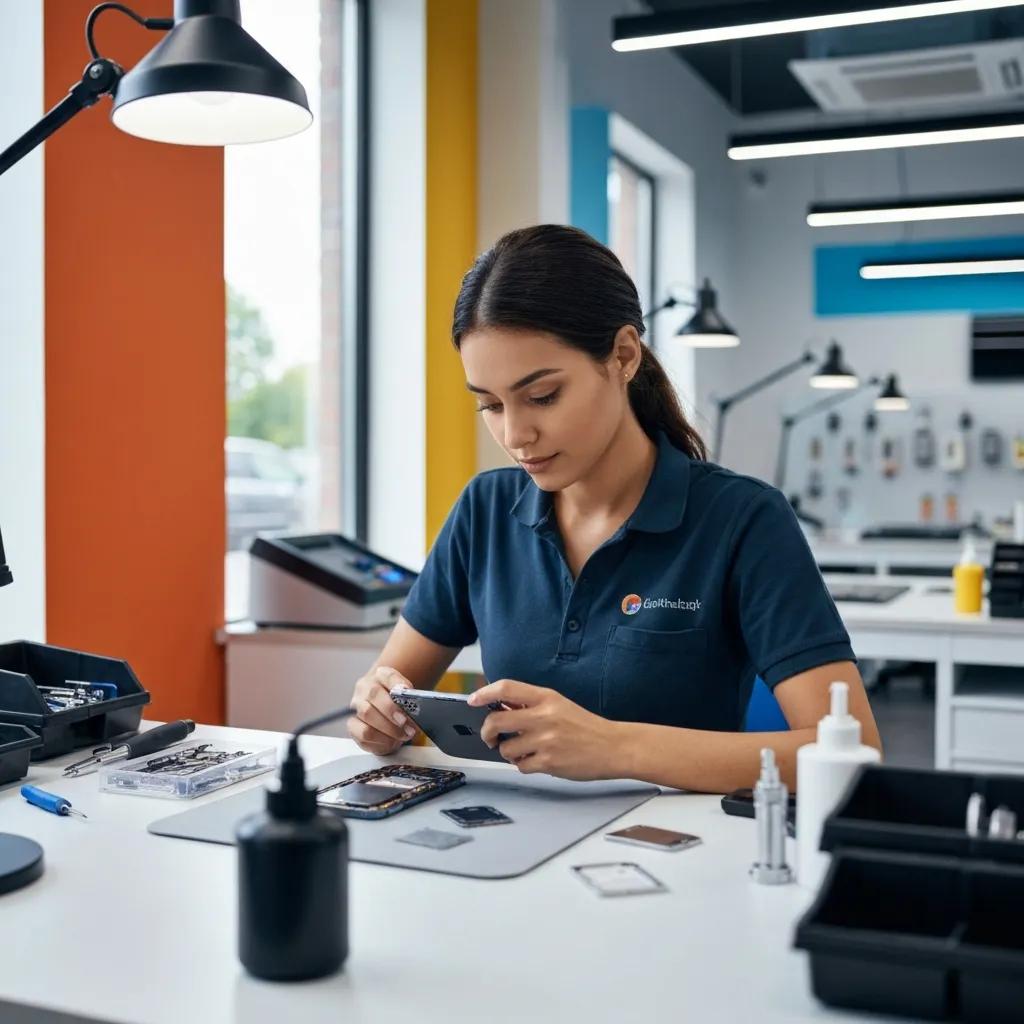 Technician repairing an iPhone in a modern repair shop, showcasing fast and reliable service with tools and components on the workbench.