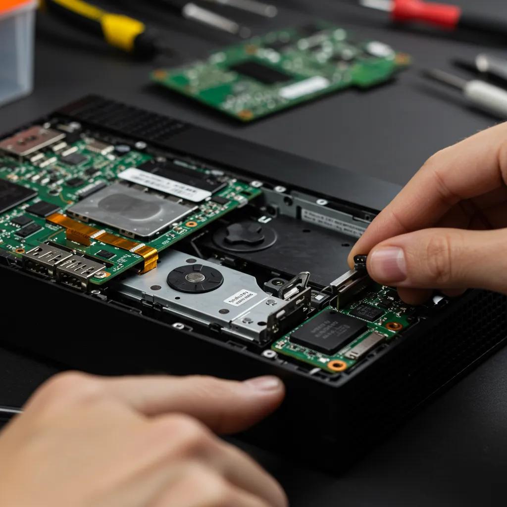 Technician repairing an Xbox console, focusing on internal components, including circuit board and disc drive, with tools and spare parts visible in the background.