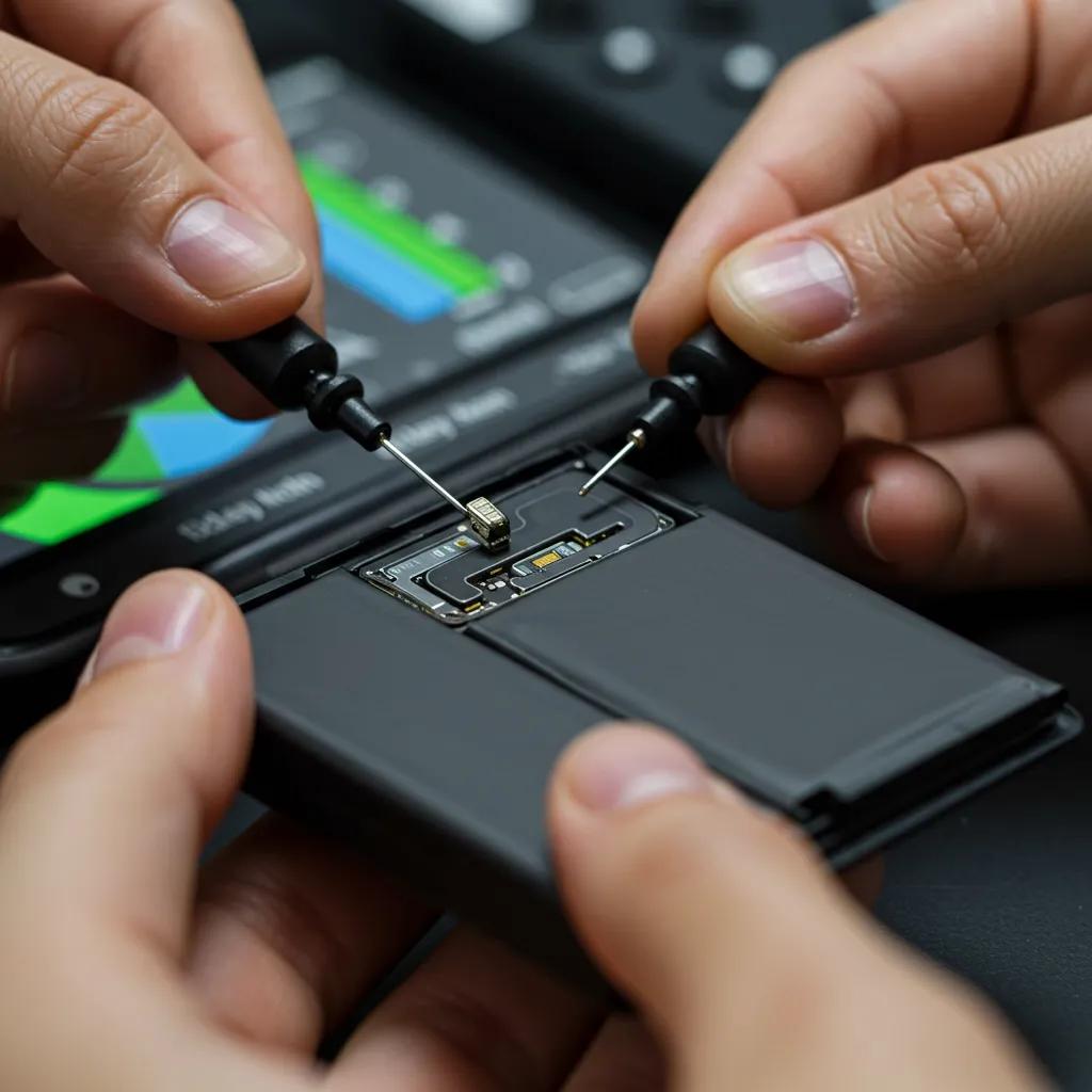 Technician testing iPhone battery health with multimeter in repair shop, assessing battery performance and capacity for replacement services.