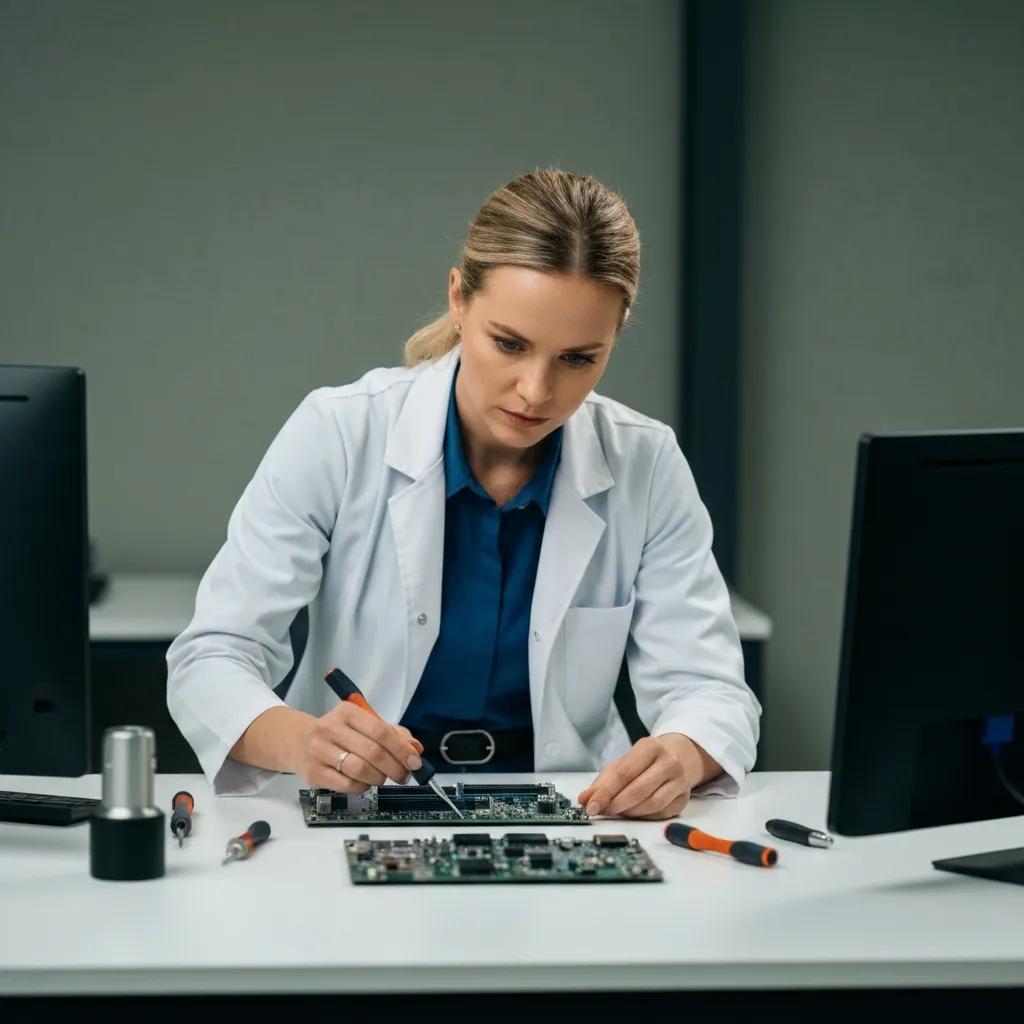 Technician in a lab coat working on a computer motherboard with tools, representing expert virus and malware removal services in a professional office setting.