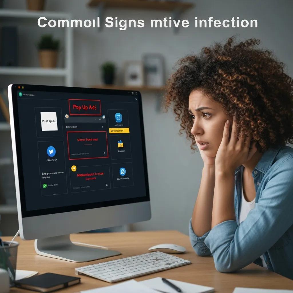 User showing signs of malware infection on a computer screen, displaying pop-up ads and warning messages, emphasising the importance of recognising malware symptoms for effective virus removal.
