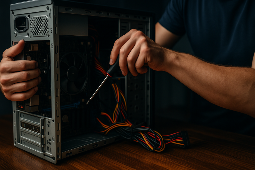 Technician repairing a computer, focusing on internal components, highlighting virus and malware removal services in Griffith.