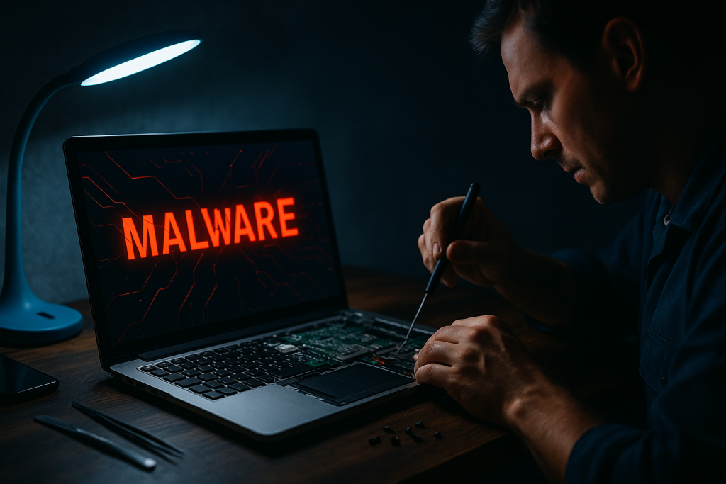 Person repairing laptop displaying "MALWARE" on screen, with tools and smartphone nearby, highlighting virus and malware removal services in Stirling North.