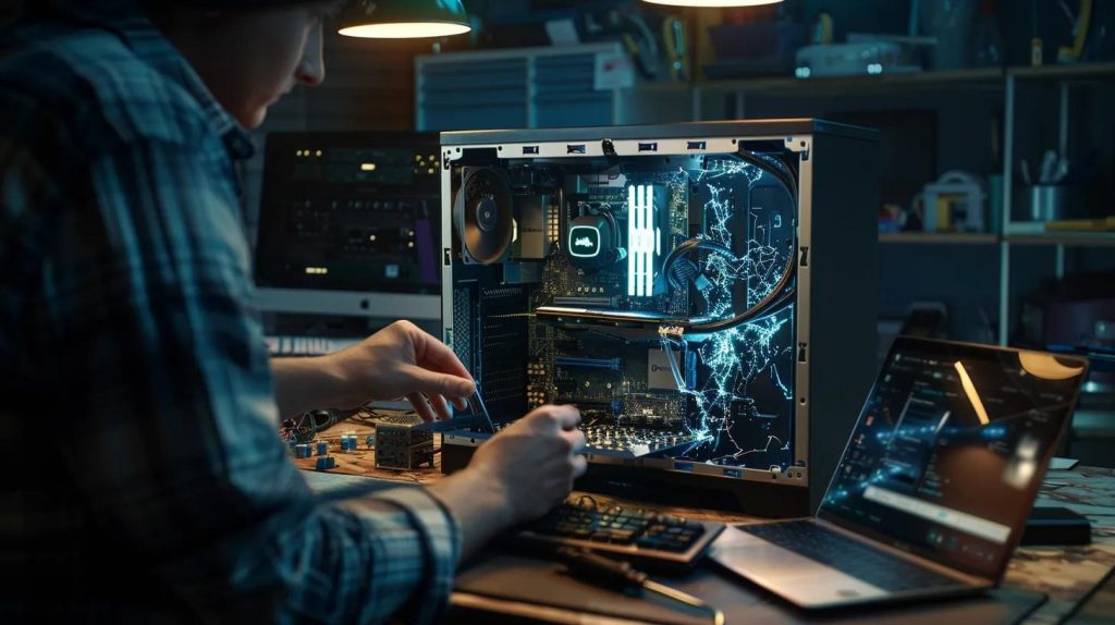 A dramatic, realistic scene of a modern computer repair workspace in an Australian regional town. A technician’s hands carefully open a desktop computer case, revealing glowing internal components, circuit boards, and detailed hardware. Soft directional lighting highlights dust particles in the air and the metallic textures of the tools. A laptop with diagnostic software glows on the side, casting reflections on the workbench. Background shows subtle hints of a small Griffith repair shop environment with shelves of neatly organised electronics. Cinematic depth of field, high resolution, hyper-realistic, no text.