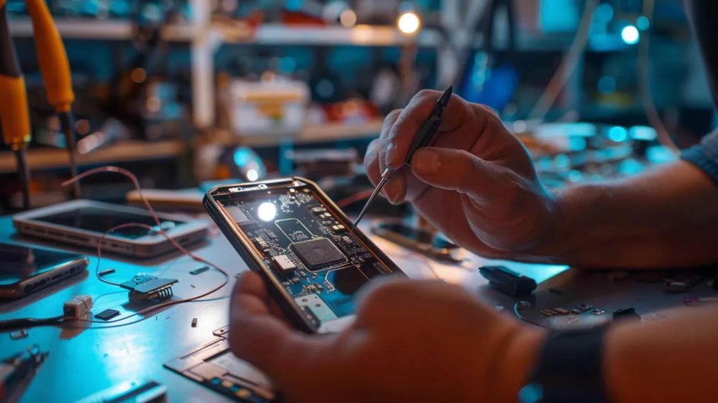 Technician repairing smartphone circuit board with precision tools in electronic repair workshop.