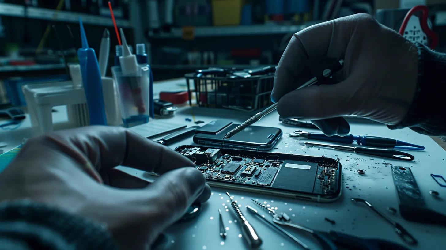 Hands in gloves repairing a smartphone circuit board, surrounded by tools and repair supplies, illustrating expert iPhone repair services by Bizup in Griffith.