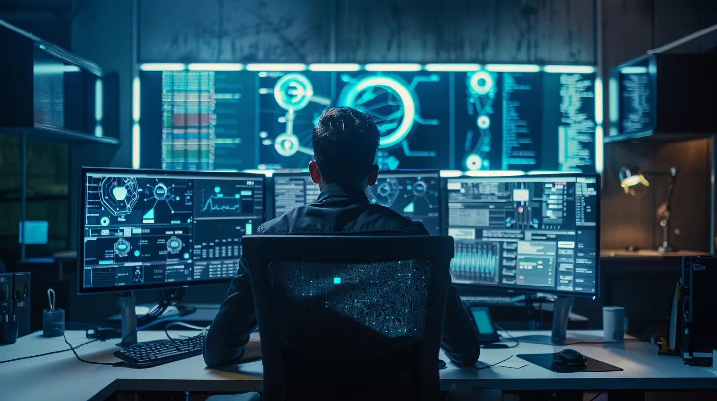 Person monitoring multiple computer screens displaying cybersecurity data and analytics in a modern workspace, reflecting the importance of data protection and hacked computer repair services in Griffith.