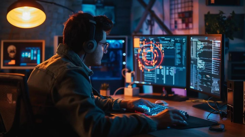 A dramatic, hyper-realistic scene showing a computer on a desk displaying distorted graphics, glitch effects, or lines of suspicious code, symbolising a security breach. A technician in the foreground works calmly and carefully, analysing the issue on a secondary monitor filled with diagnostic tools and security scanning interfaces. Dim, moody lighting contrasts with the glow of the screens, creating a tense but controlled atmosphere. Cables, hardware tools, and open computer components add authenticity. Background hints at a small Australian tech workspace in Griffith without distracting elements. Ultra-detailed, cinematic, realistic, no text.
