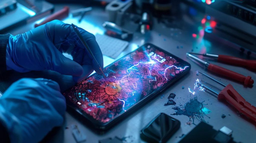 A dramatic, hyper-realistic image of a smartphone displaying glitchy graphics, distorted notifications, or unusual pop-up icons symbolising a virus infection. A technician’s hands work on the device using precision tools, with a diagnostic screen or malware-scanning interface glowing beside it. Subtle red and blue lighting reflects off the phone’s surface, enhancing the sense of urgency and digital intrusion. The background shows a tidy Griffith repair workspace with organised tools and tech components, softly blurred to maintain focus on the device. Ultra-detailed, cinematic depth of field, realistic textures, no text.