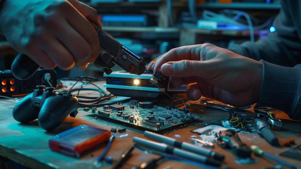 A dramatic, hyper-realistic image of a gaming console being repaired on a professional workbench. The technician’s hands carefully work on an opened PlayStation, Xbox, or Nintendo Switch motherboard, revealing detailed circuitry, cooling systems, and tiny components. Soft, focused lighting highlights metallic textures, glowing LEDs, and intricate hardware elements. A controller with worn joysticks rests nearby, along with precision tools and replacement parts. Background subtly suggests a Griffith repair workshop with shelves of consoles and equipment, softly blurred to maintain focus on the repair scene. High resolution, cinematic depth, ultra-detailed, no text.